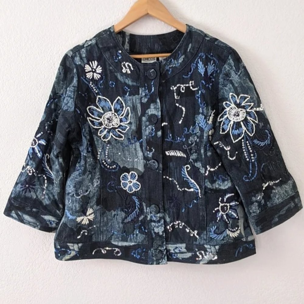 Chico's Collarless Beaded & Embroidered Collarless Denim Jacket